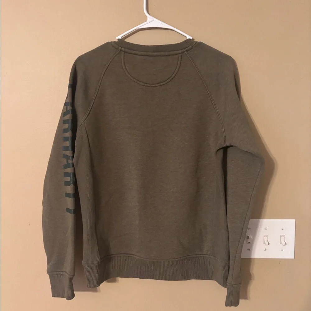 Carhartt Olive Green Crewneck Sweatshirt Relaxed Fit Sleeve Logo XS Women Comfy